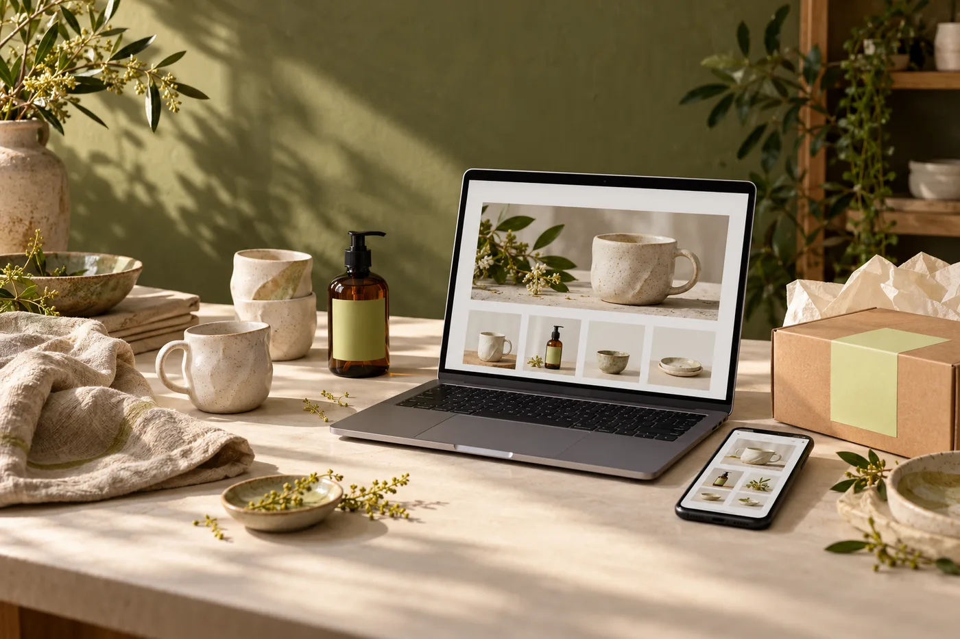An independent shop with ceramics, a packed order, and a storefront on a laptop and phone