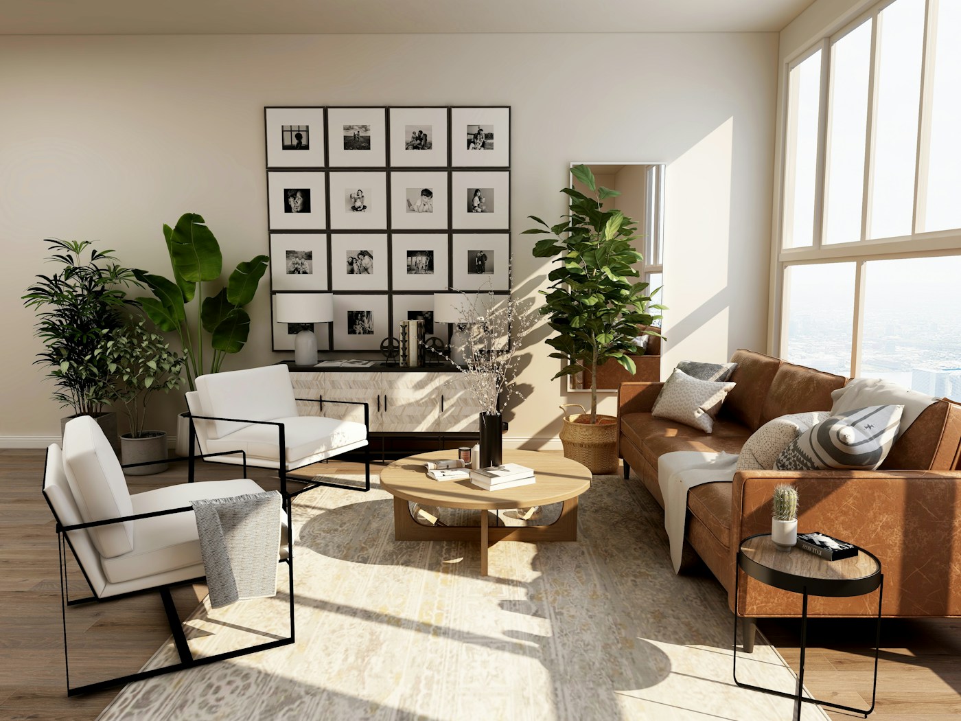 A bright studio with natural textures and carefully arranged homewares
